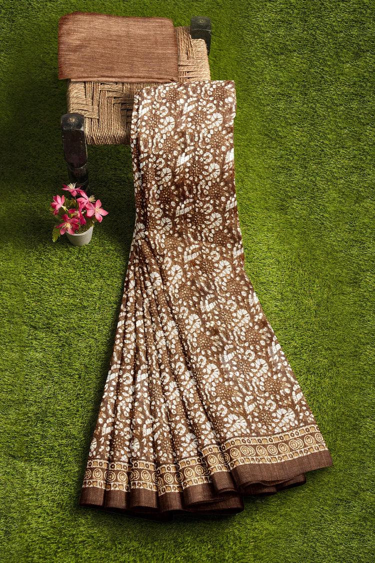 Earthy Brown Everyday Silk Saree with Handcrafted Print