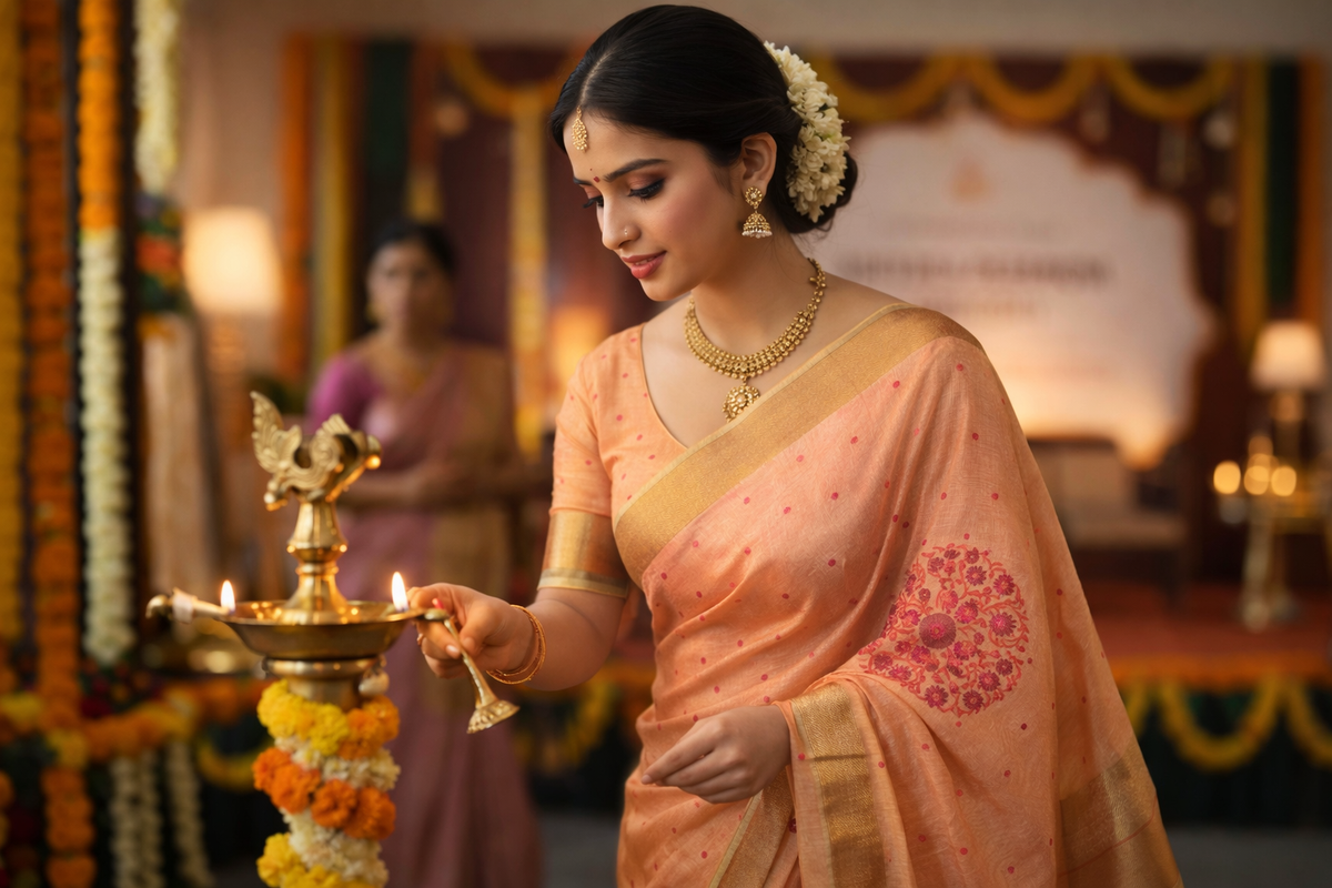Peach Embroidered Silk Linen Saree