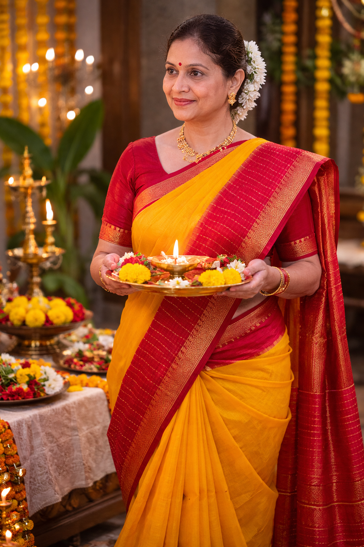 Yellow Checks Handloom Saree with Red Border