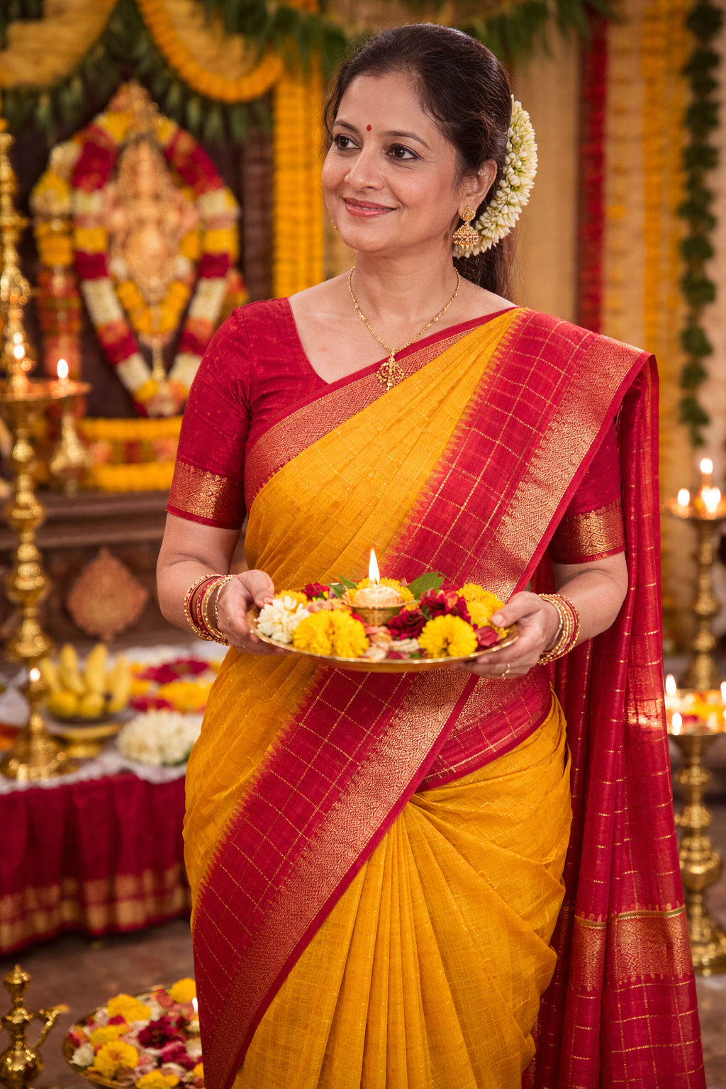 Yellow Checks Handloom Saree with Red Border