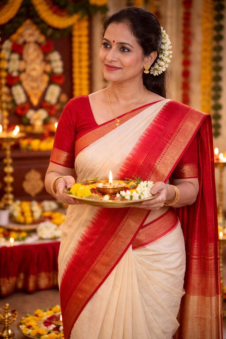 Off-White & Red Traditional Saree