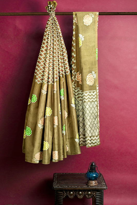 Coffee Brown Bandhni Weaving Pure Dupion Silk Saree
