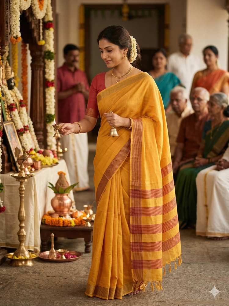 Mustard Yellow Plain Cotton Handloom Saree