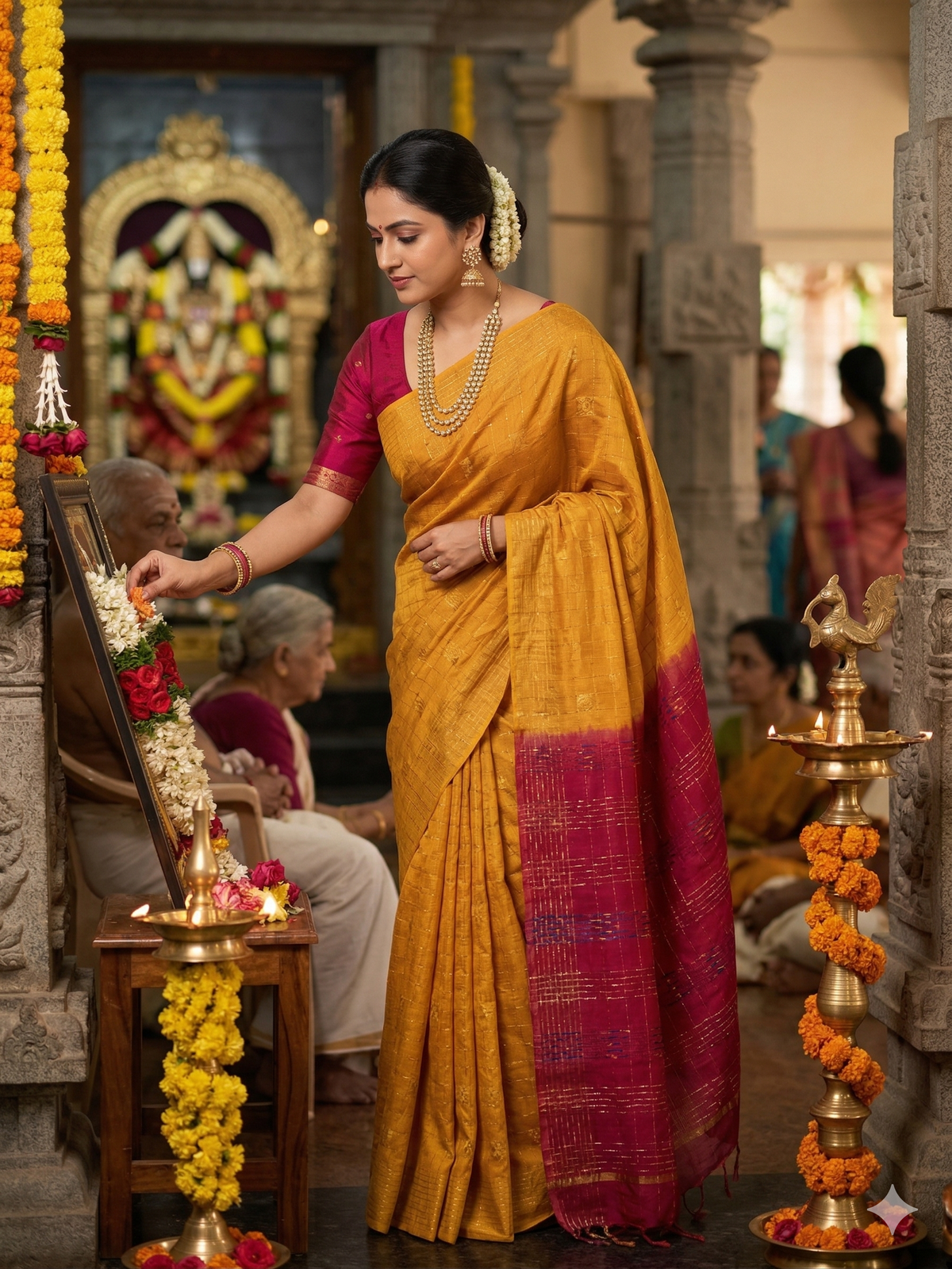 Mustard Yellow Checks Saree with Red Pallu