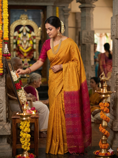 Mustard Yellow Checks Saree with Red Pallu