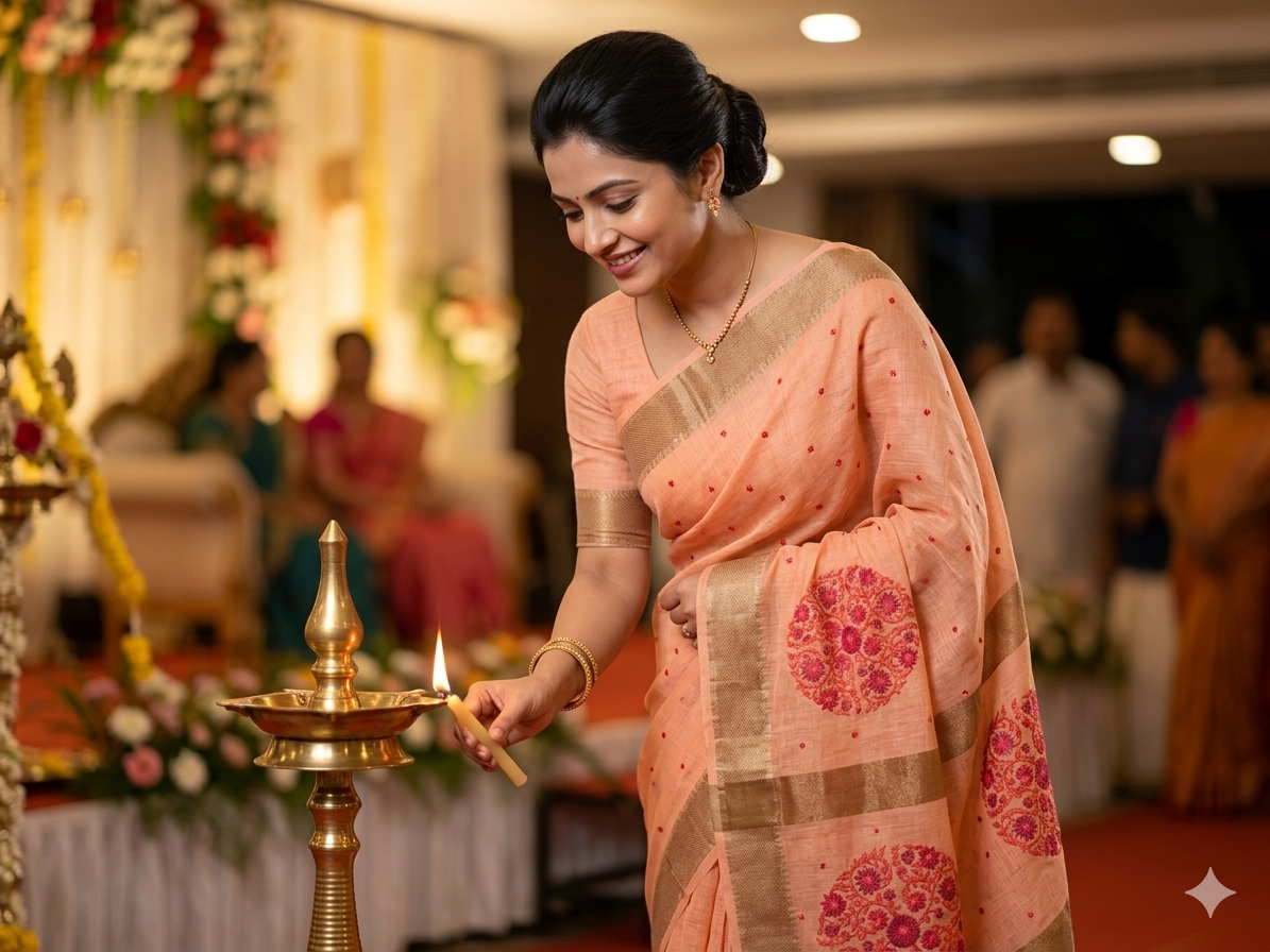 Peach Embroidered Silk Linen Saree