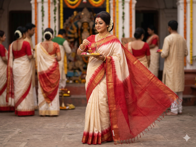 Off-White & Red Traditional Saree
