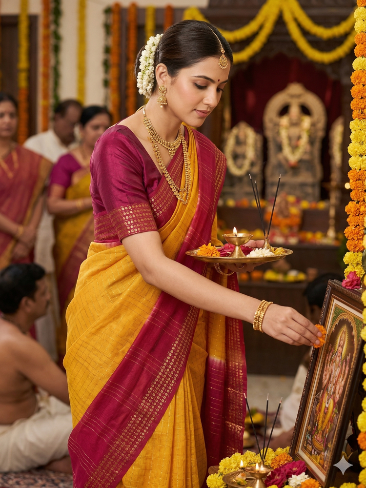 Yellow Checks Handloom Saree with Red Border
