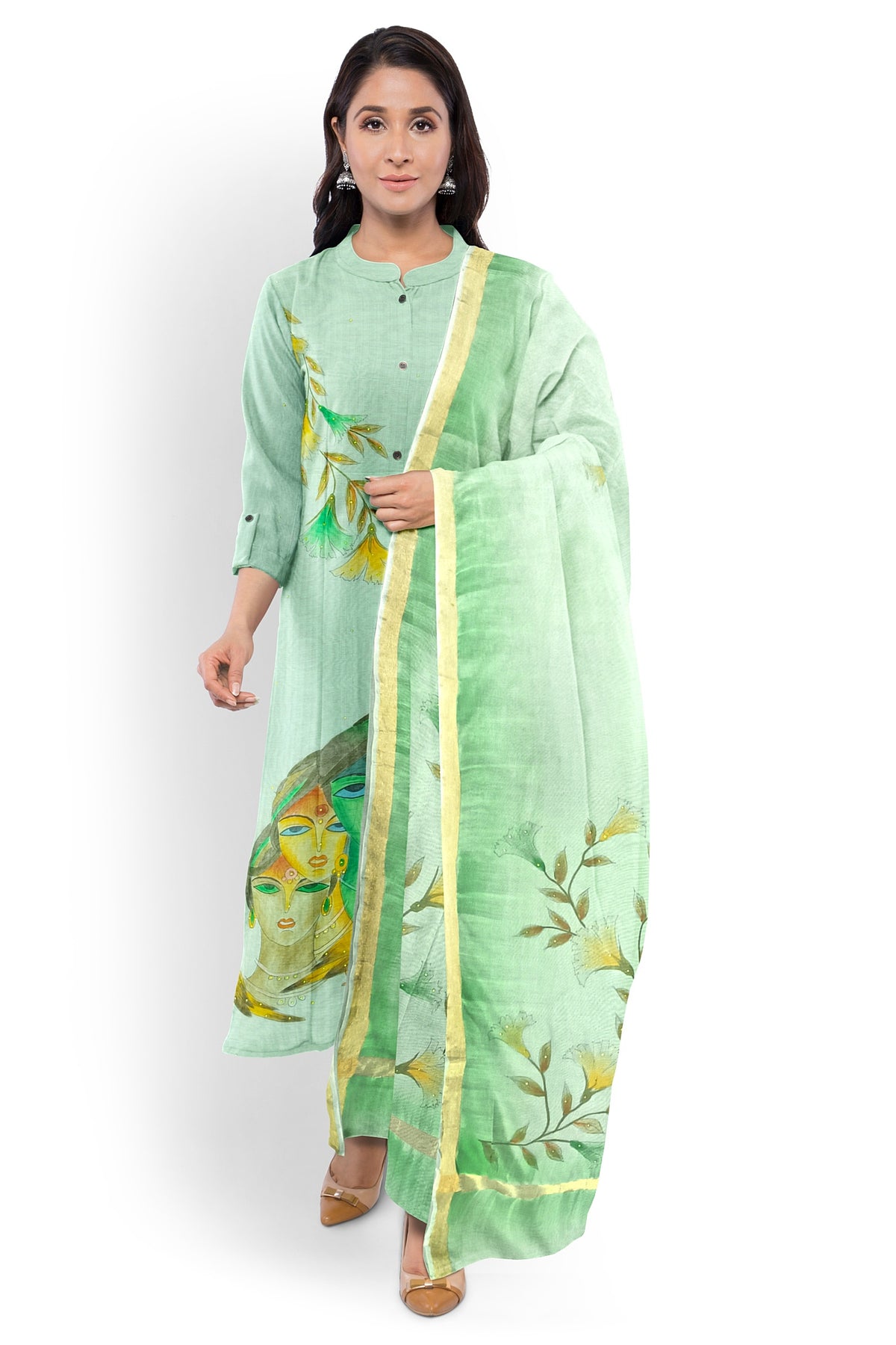 Green Hand Paint Unstitched Suit