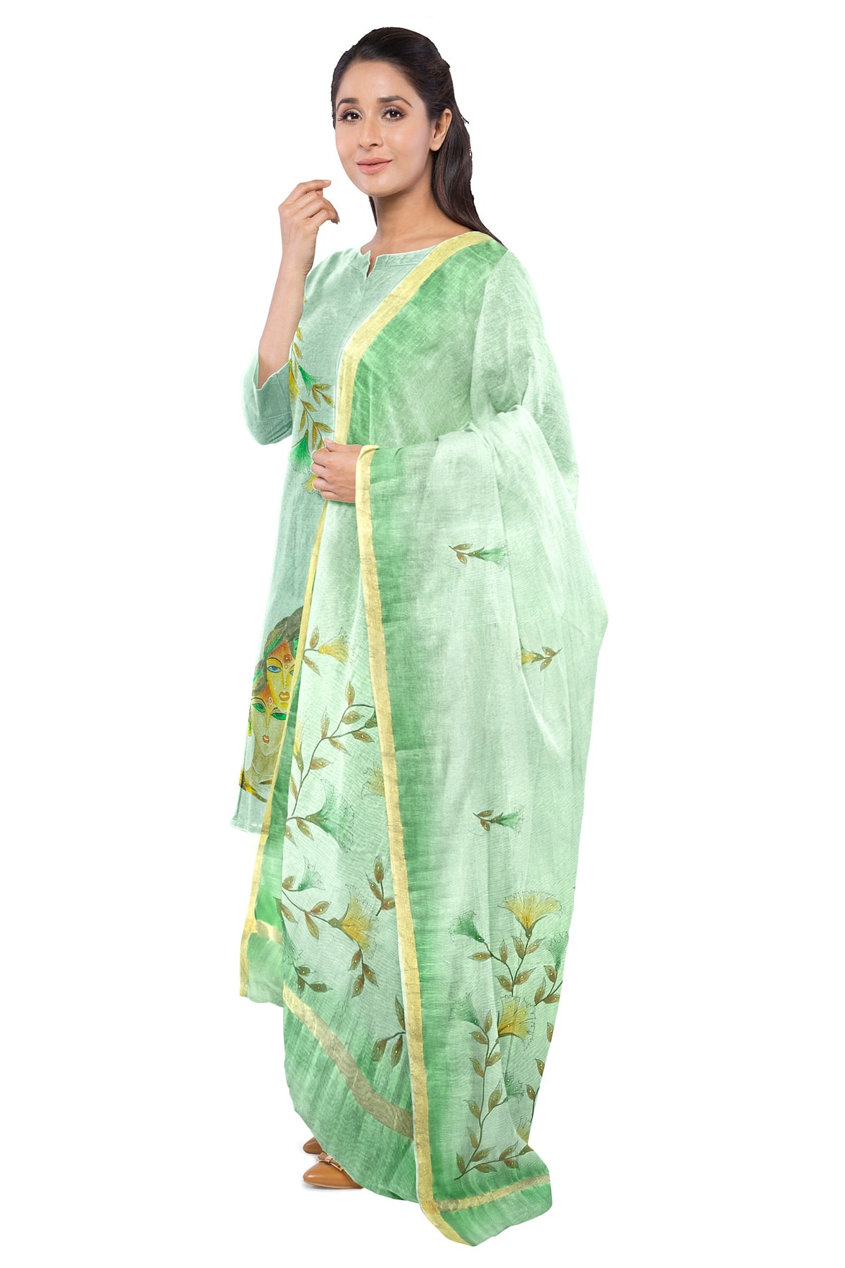 Green Hand Paint Unstitched Suit