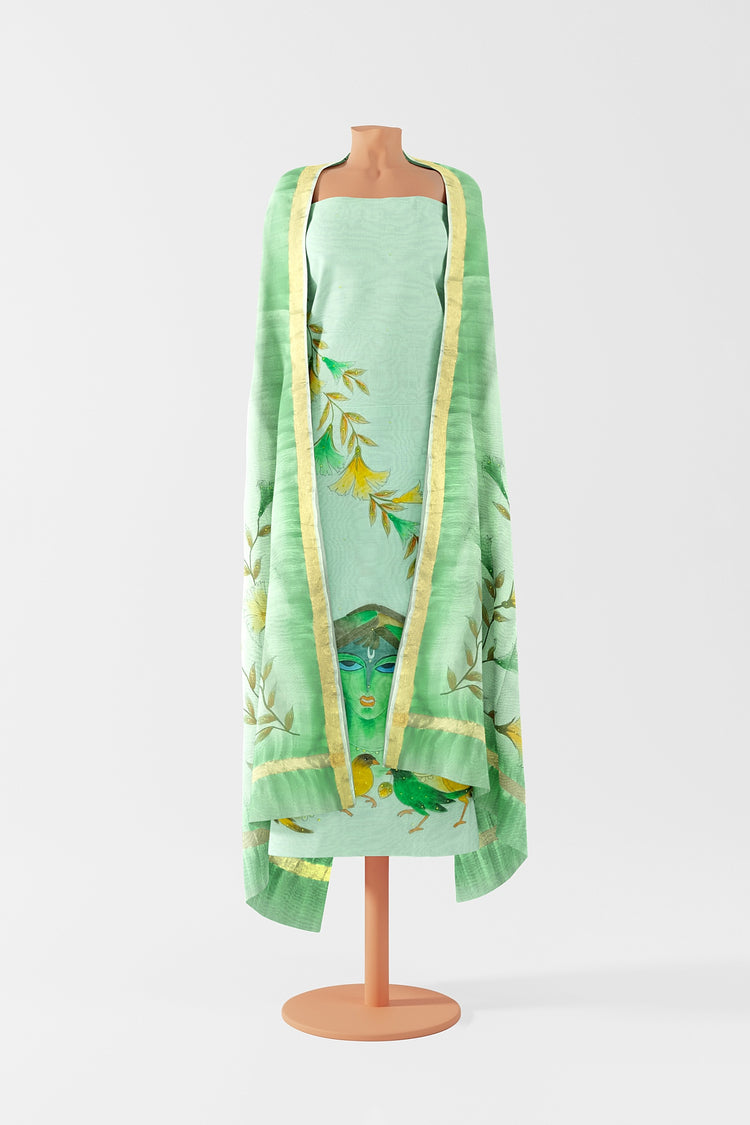 Green Hand Paint Unstitched Suit