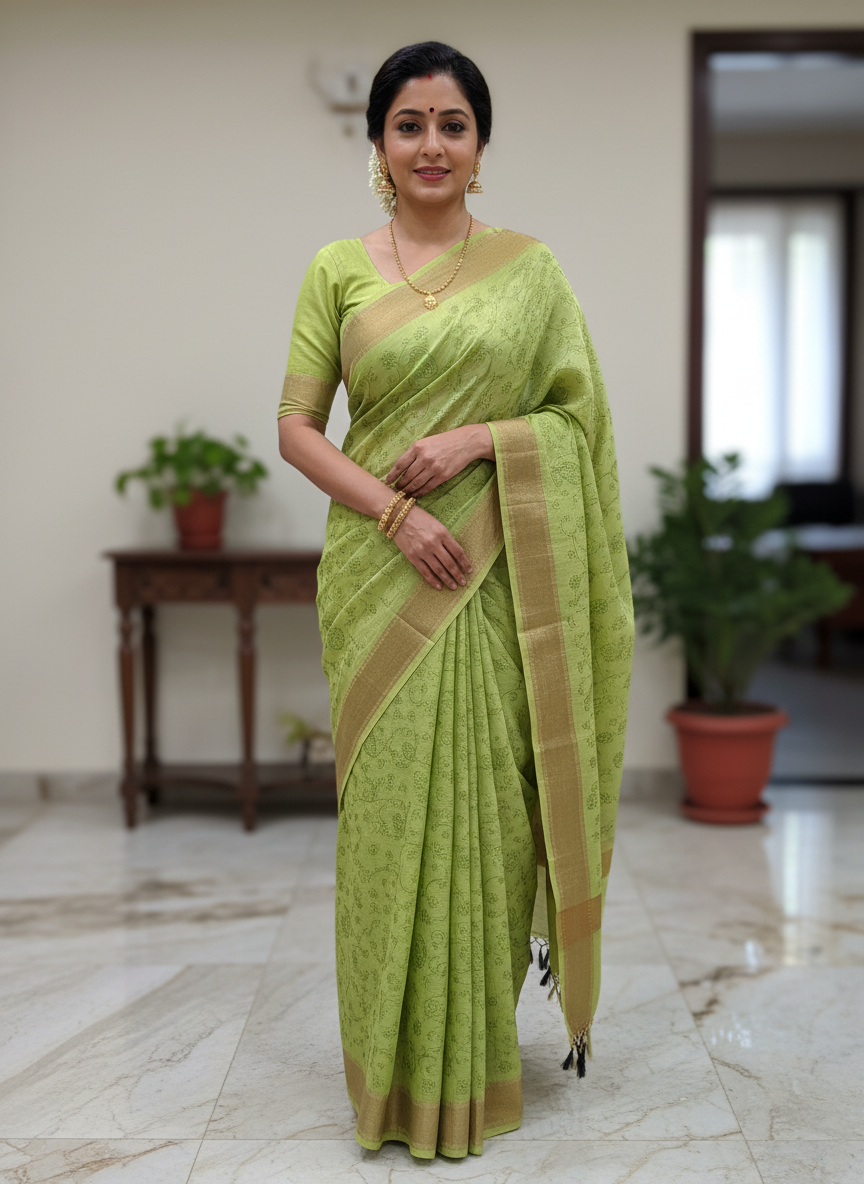 Lime Green Embroidered Silk Linen Saree