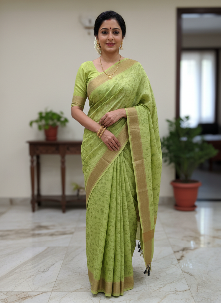 Lime Green Embroidered Silk Linen Saree