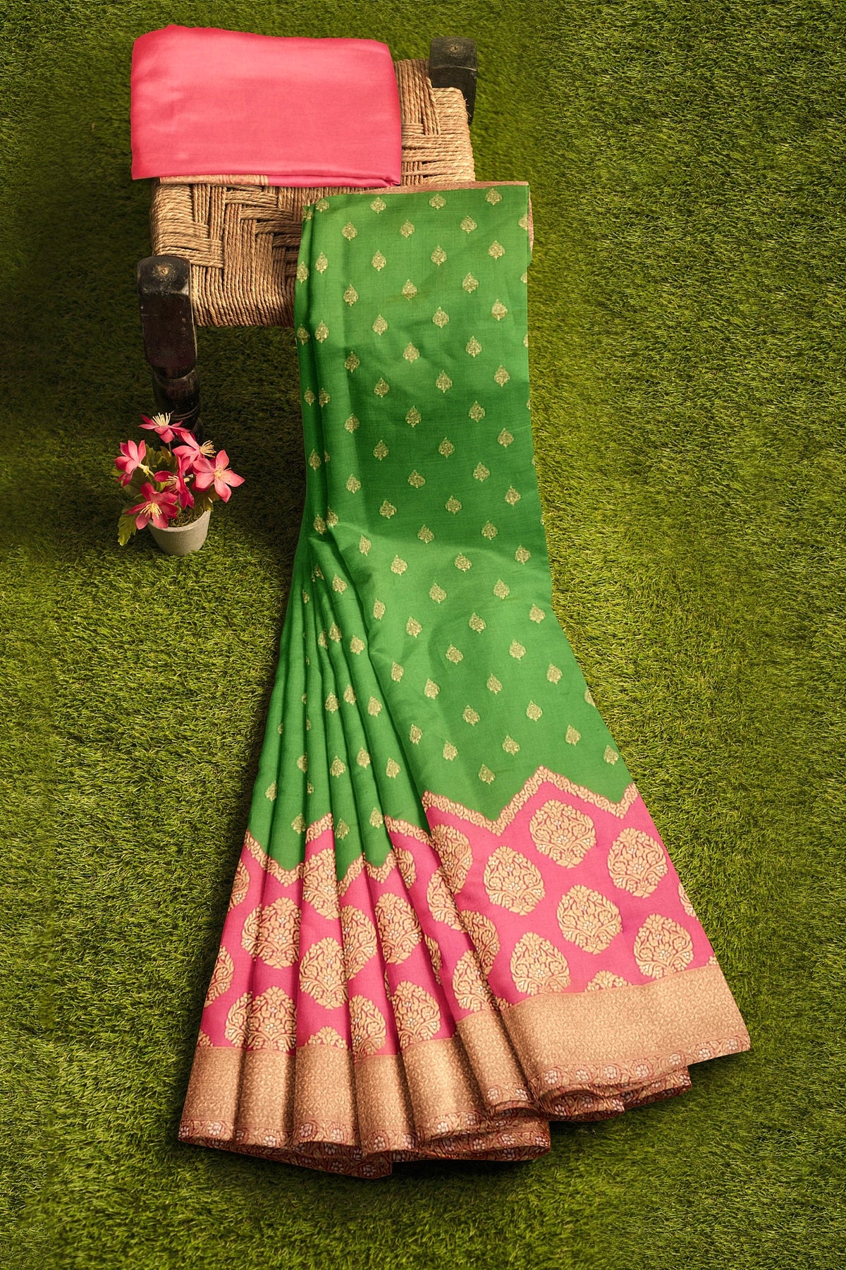 Green Pink Banarasi Silk Saree
