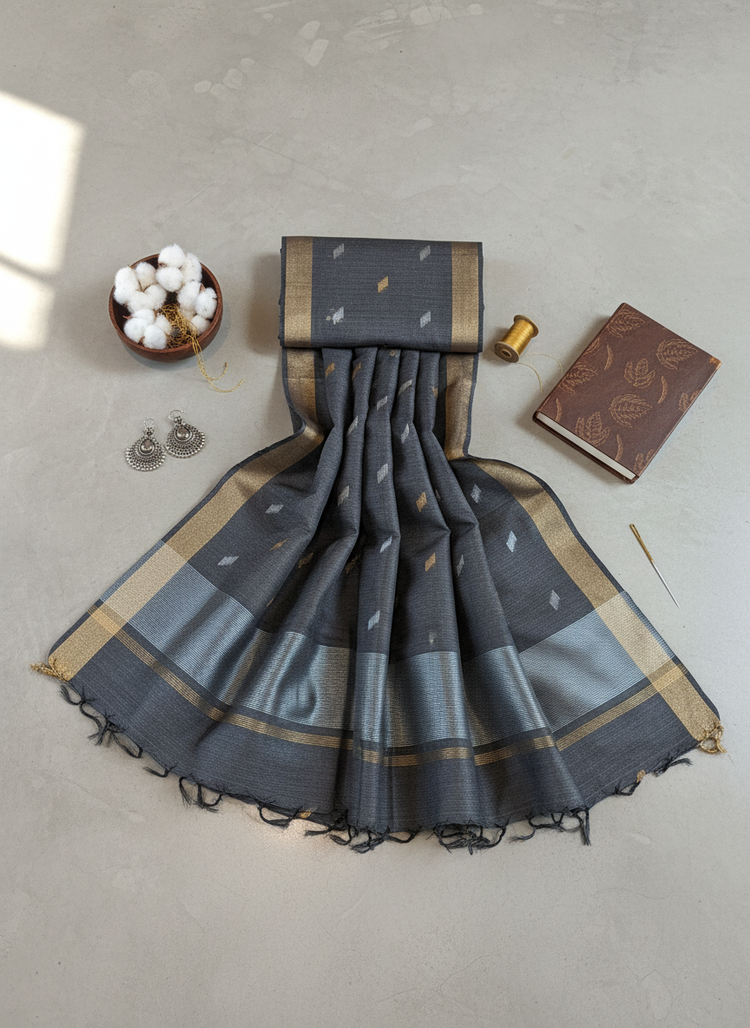 Charcoal Grey Cotton Silk Saree