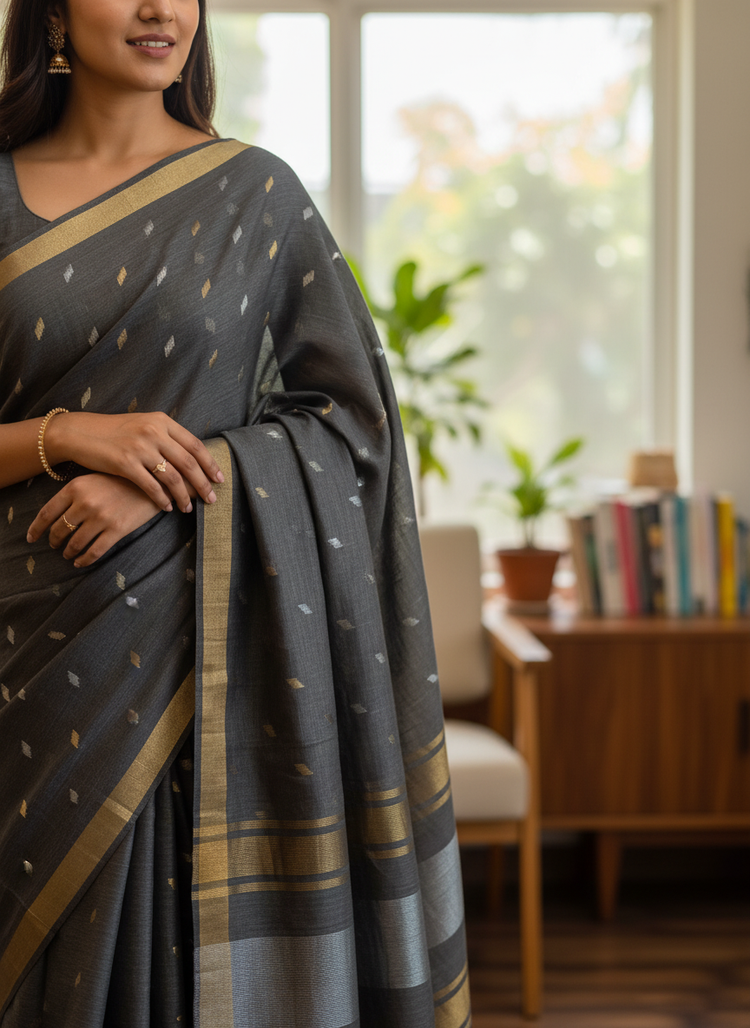 Charcoal Grey Cotton Silk Saree