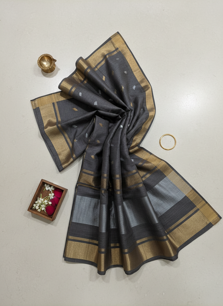 Charcoal Grey Cotton Silk Saree