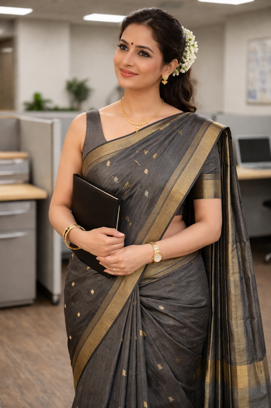 Charcoal Grey Cotton Silk Saree