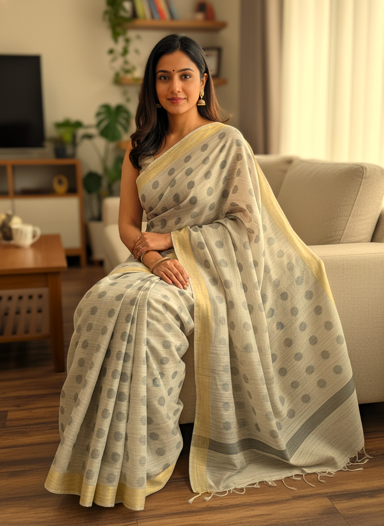 Grey Handloom Saree with Polka Dots