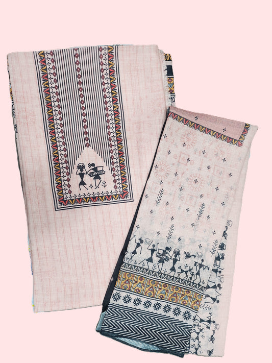 Light Pink Warli Print Linen Unstitched Suit