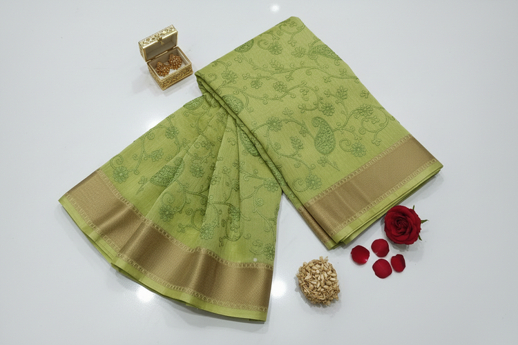 Lime Green Embroidered Silk Linen Saree