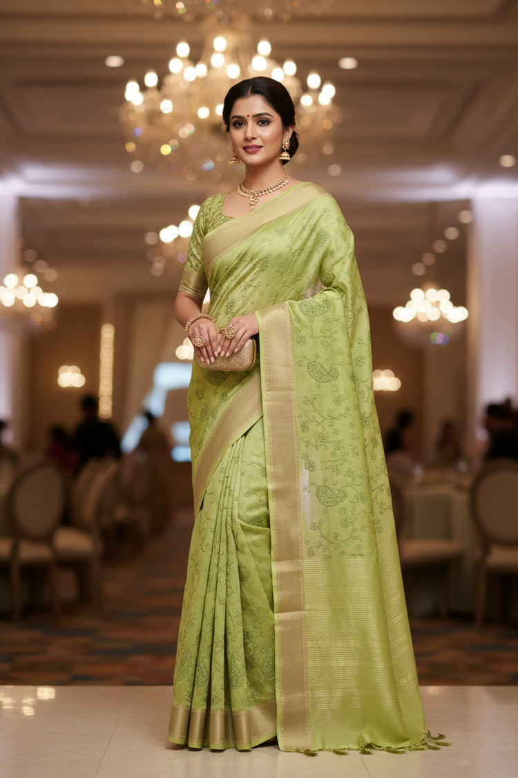 Lime Green Embroidered Silk Linen Saree