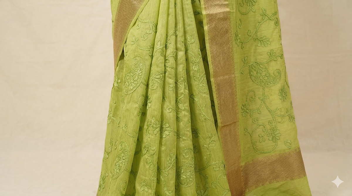 Lime Green Embroidered Silk Linen Saree