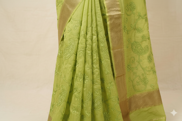 Lime Green Embroidered Silk Linen Saree