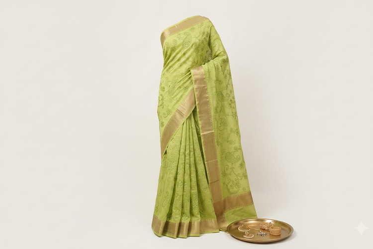 Lime Green Embroidered Silk Linen Saree