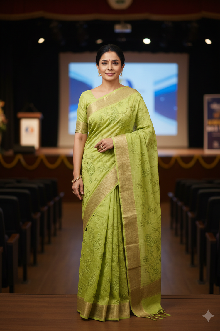 Lime Green Embroidered Silk Linen Saree