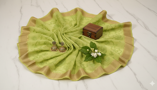 Lime Green Embroidered Silk Linen Saree