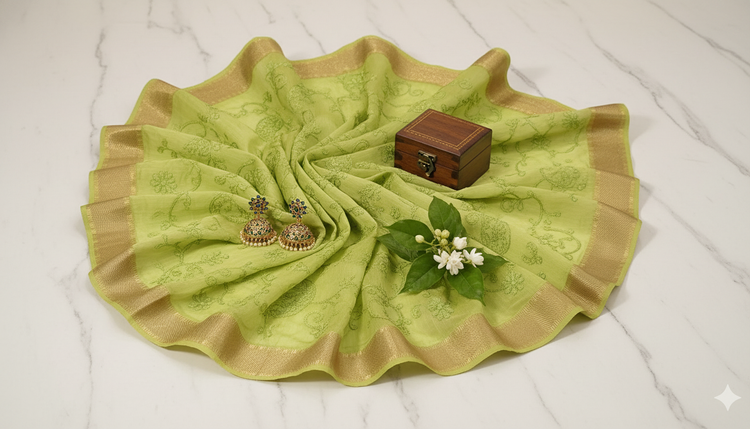 Lime Green Embroidered Silk Linen Saree