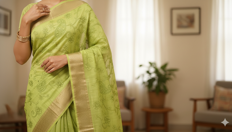 Lime Green Embroidered Silk Linen Saree