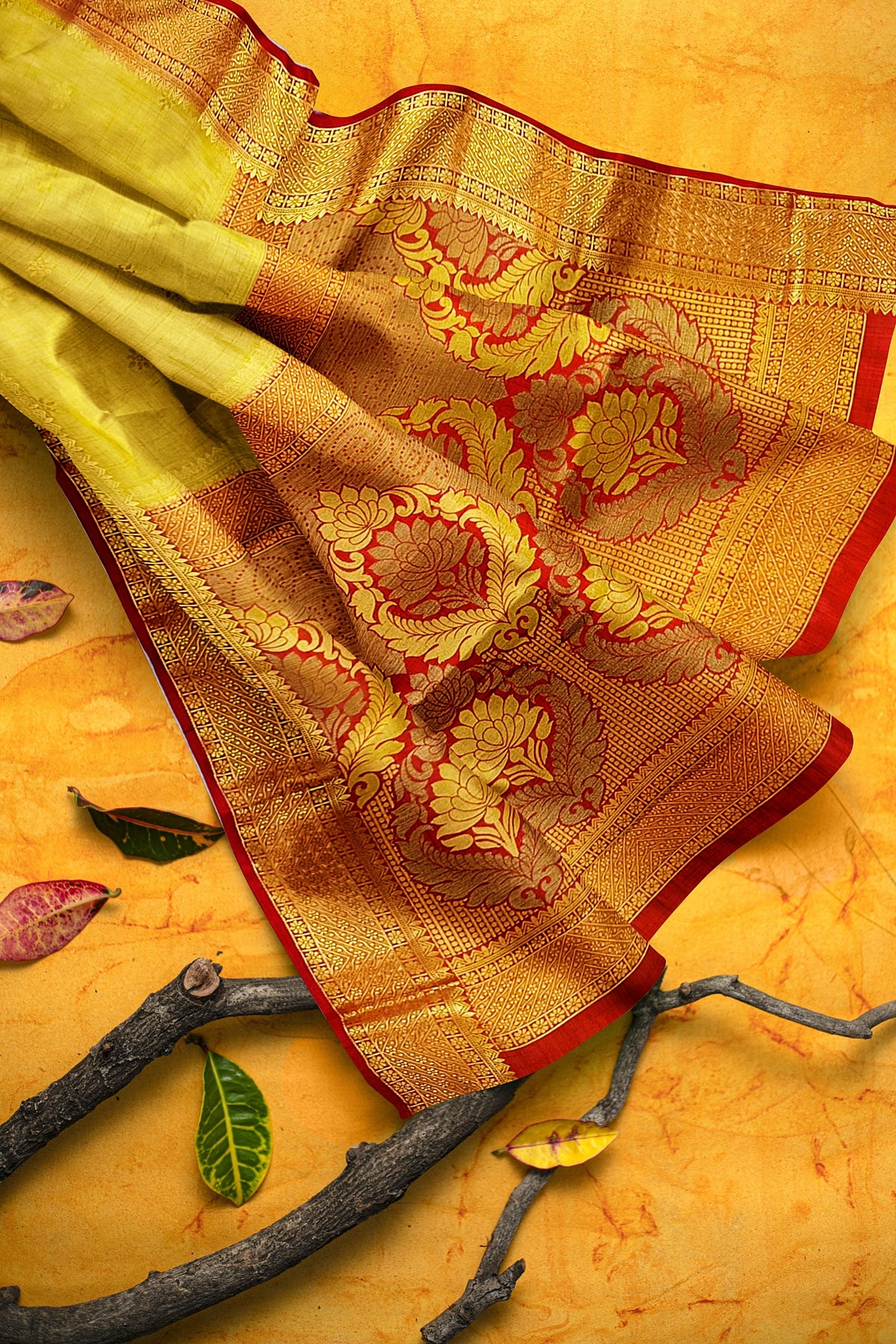 Mustard Golden Red Silk Saree