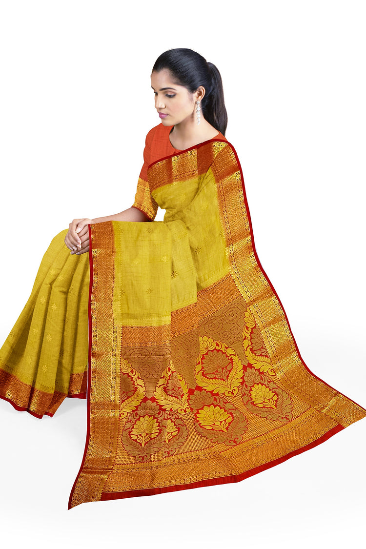 Mustard Golden Red Silk Saree