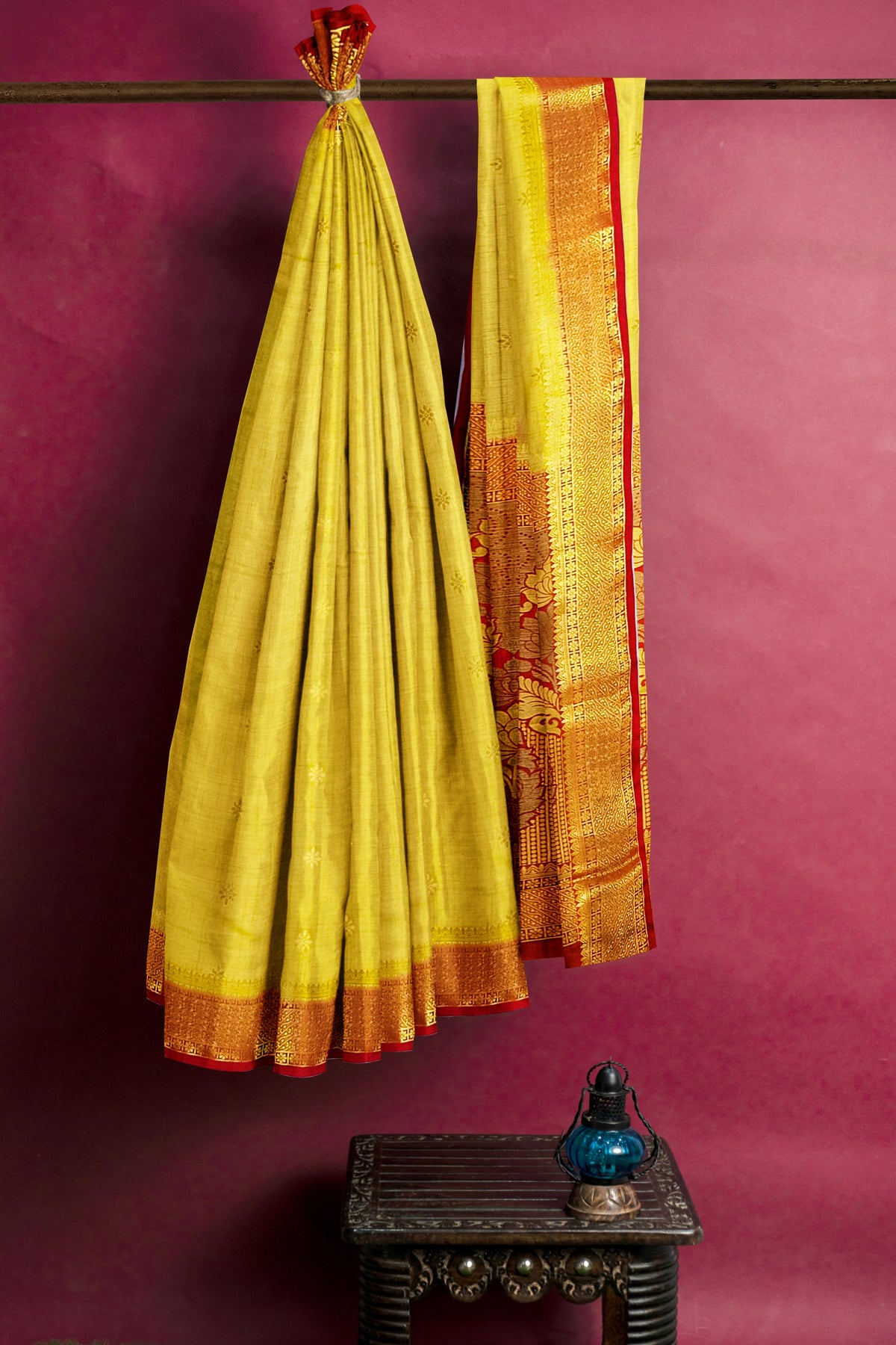 Mustard Golden Red Silk Saree