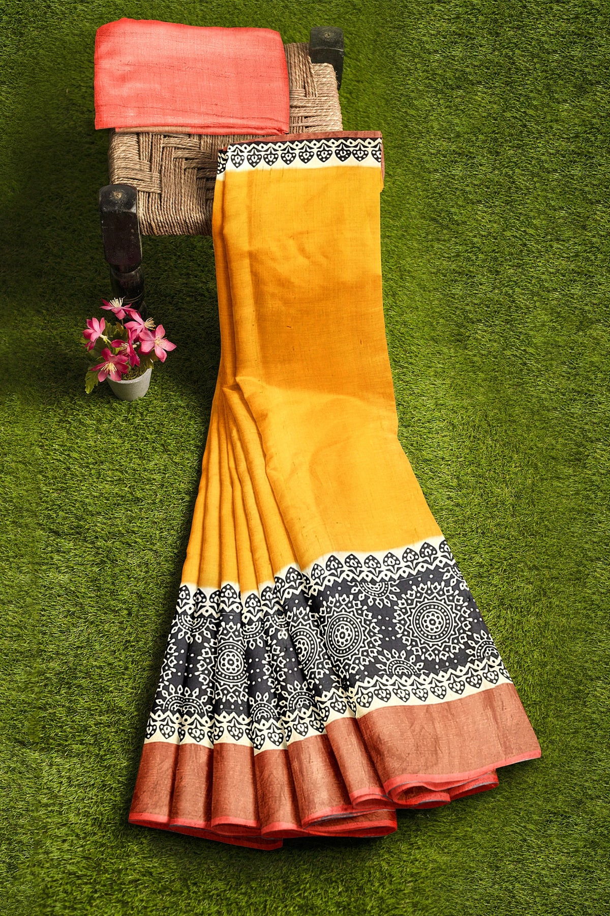 Mustard Hand Block Print Pure Kosa Silk Saree