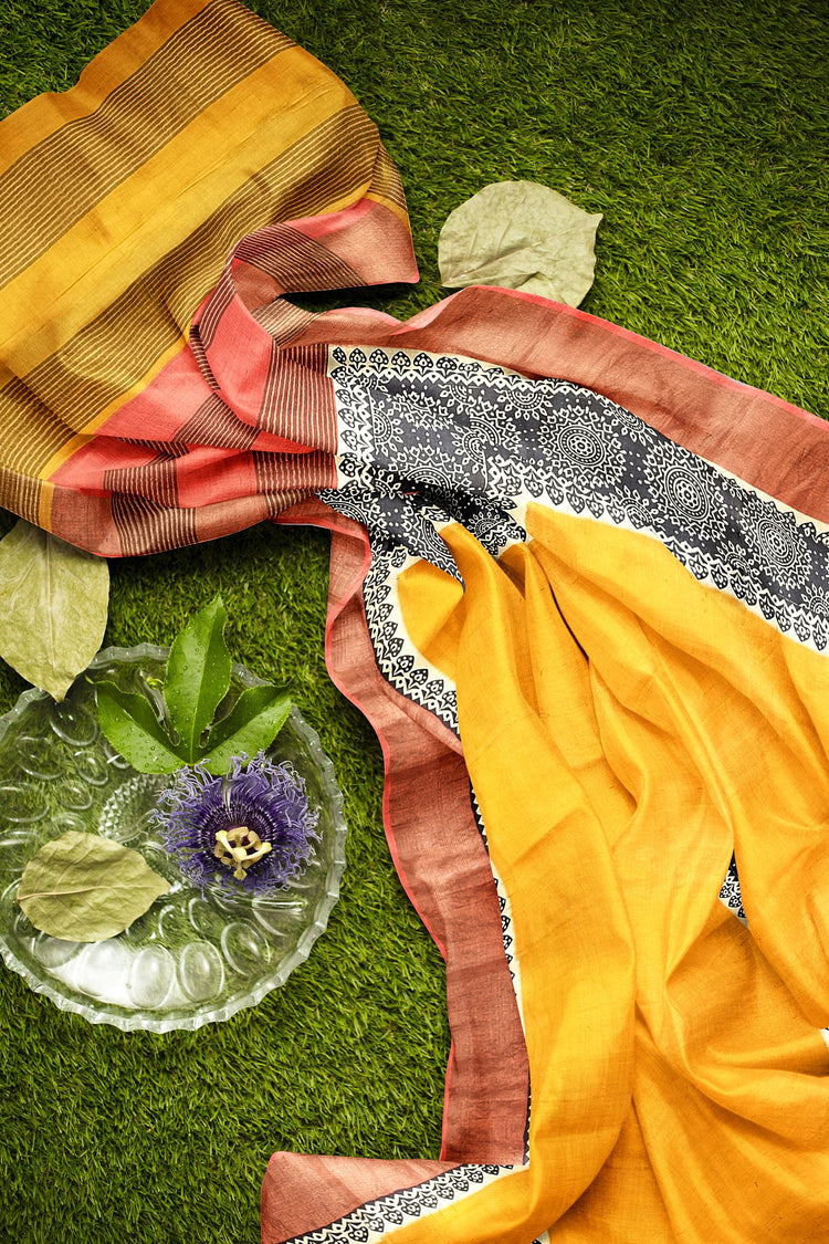 Mustard Hand Block Print Pure Kosa Silk Saree