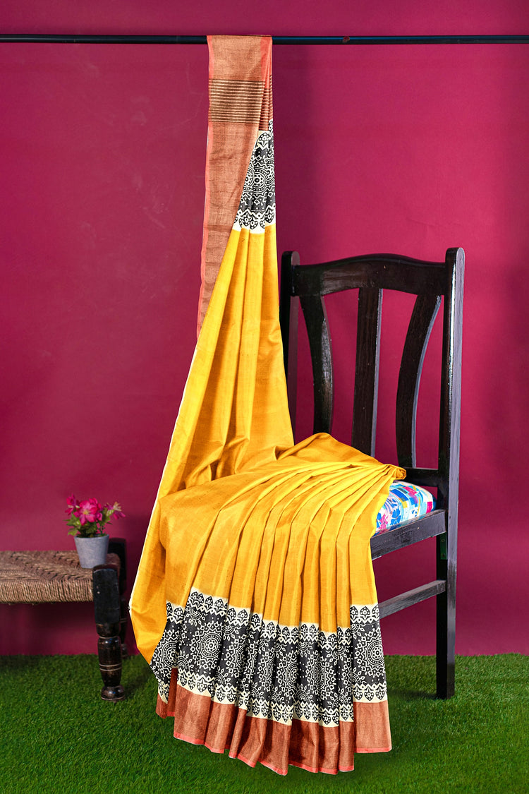 Mustard Hand Block Print Pure Kosa Silk Saree