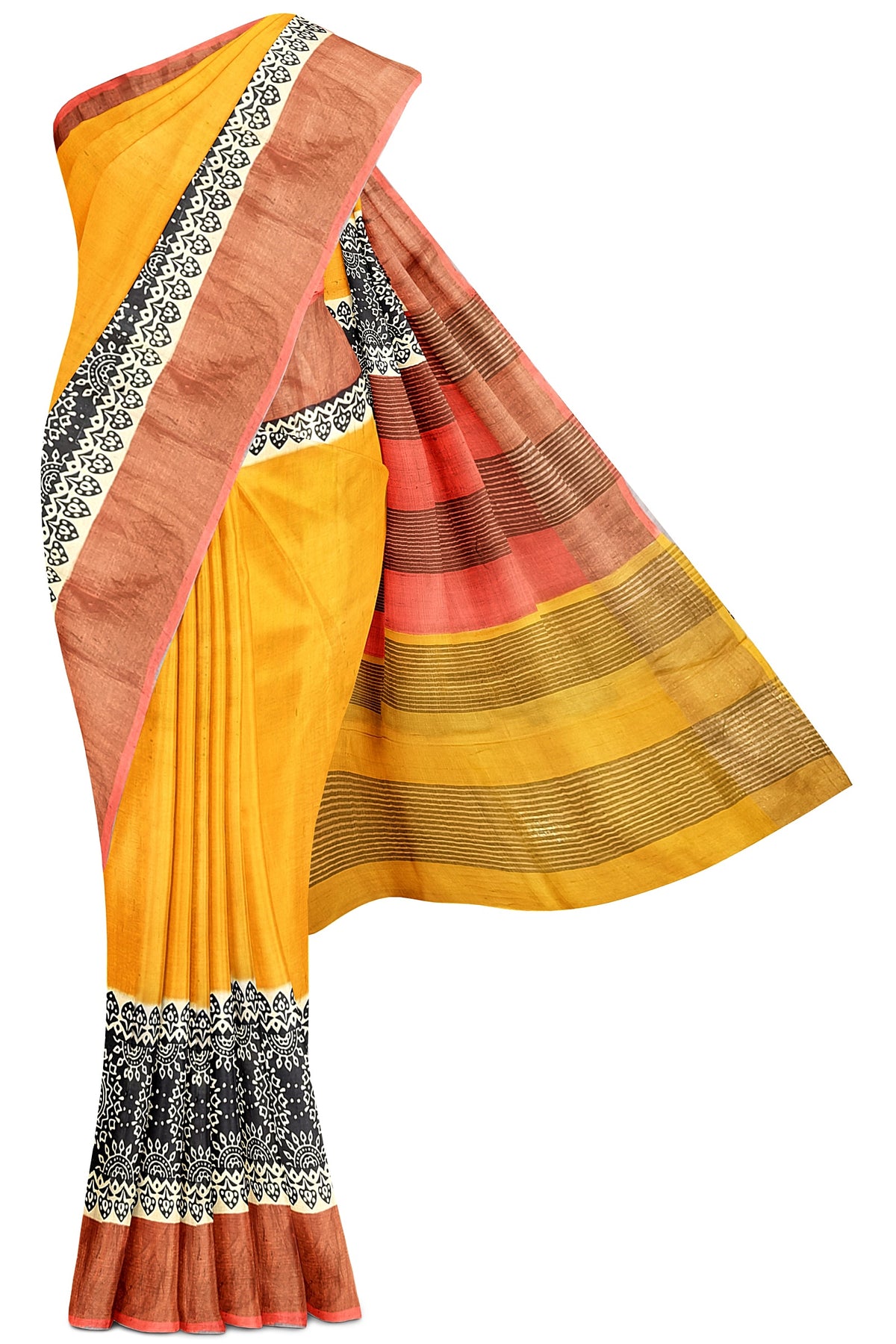 Mustard Hand Block Print Pure Kosa Silk Saree