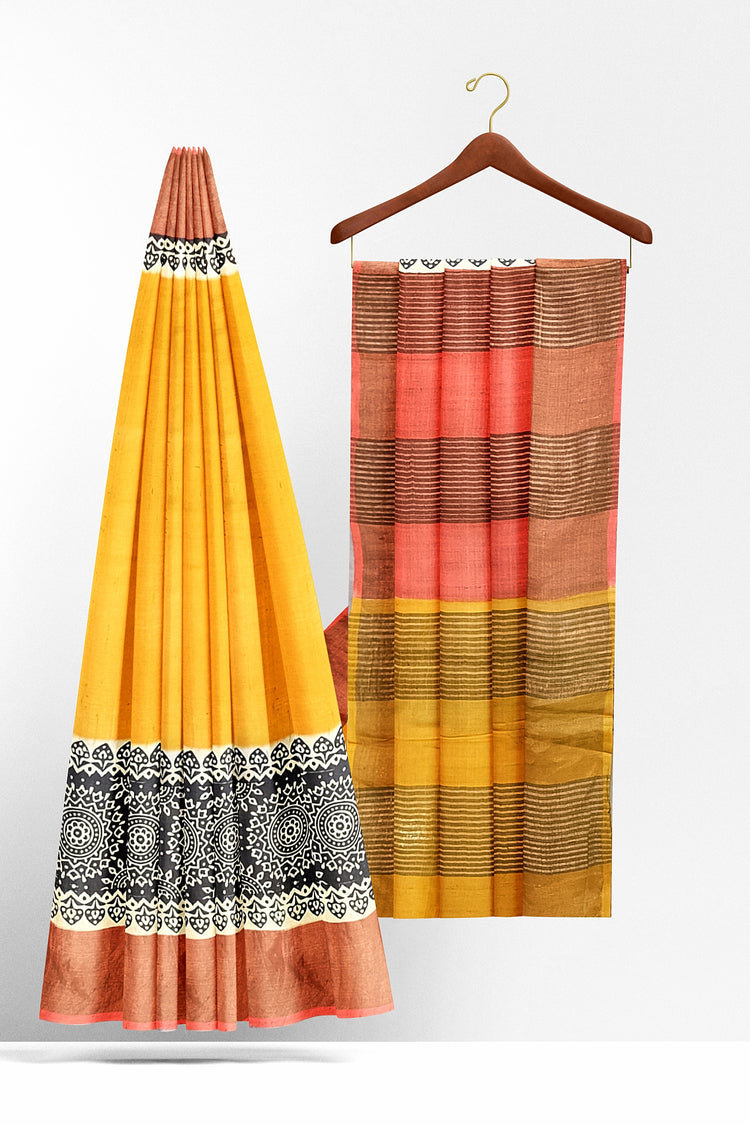 Mustard Hand Block Print Pure Kosa Silk Saree