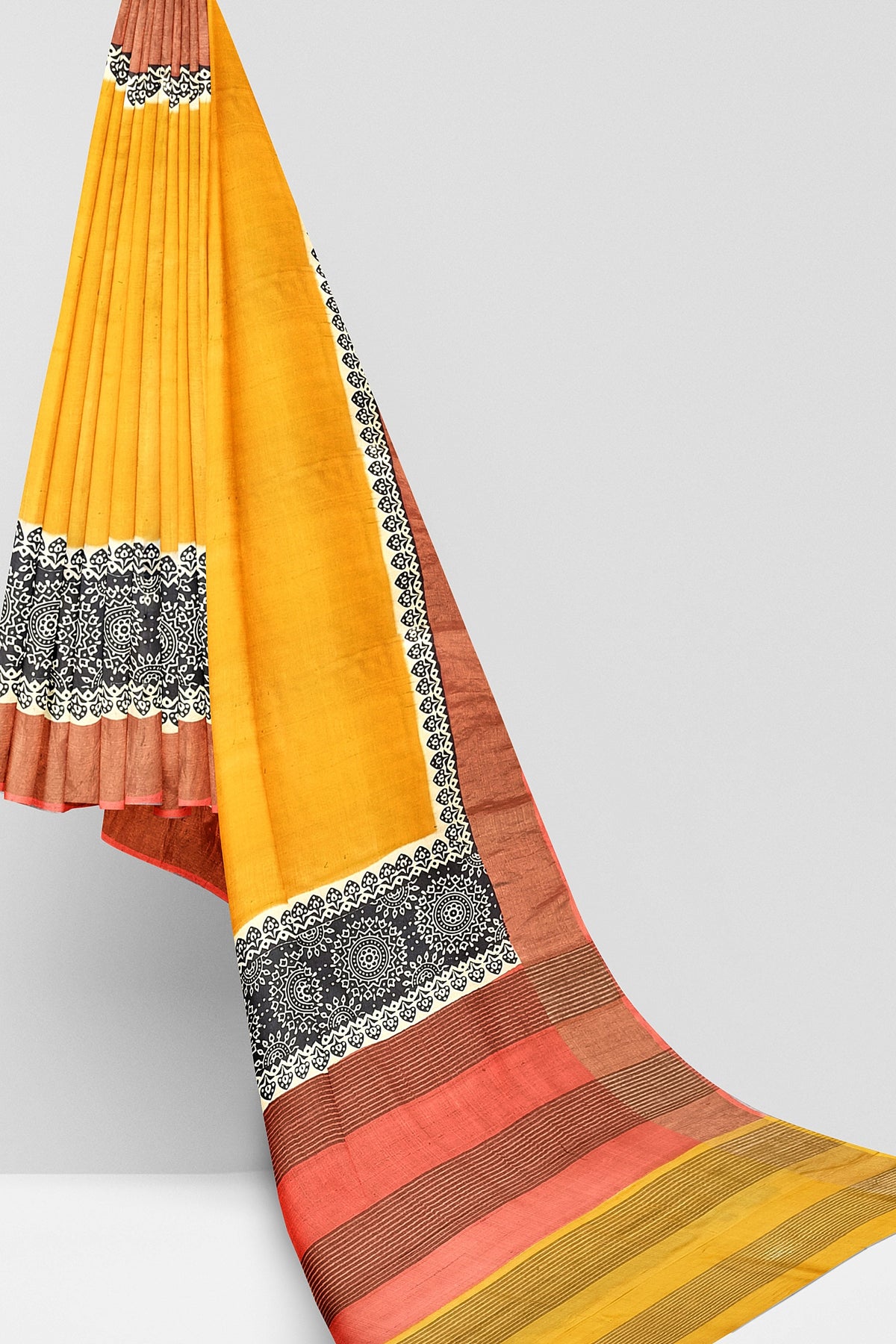 Mustard Hand Block Print Pure Kosa Silk Saree