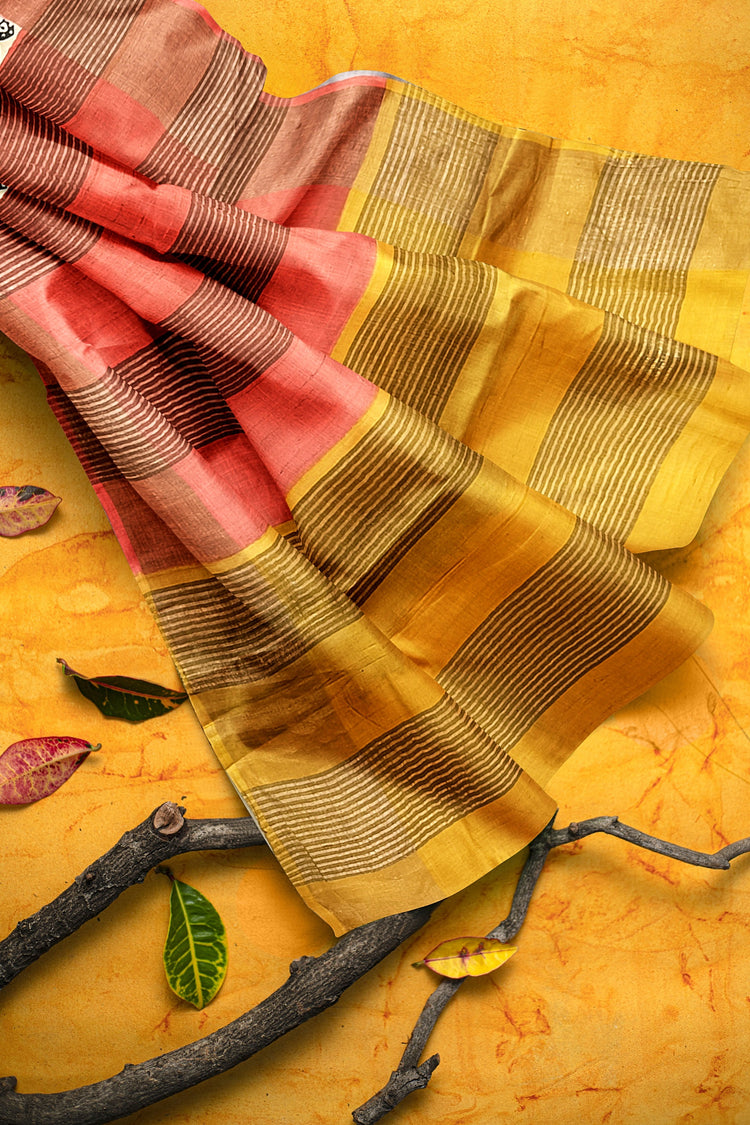 Mustard Hand Block Print Pure Kosa Silk Saree