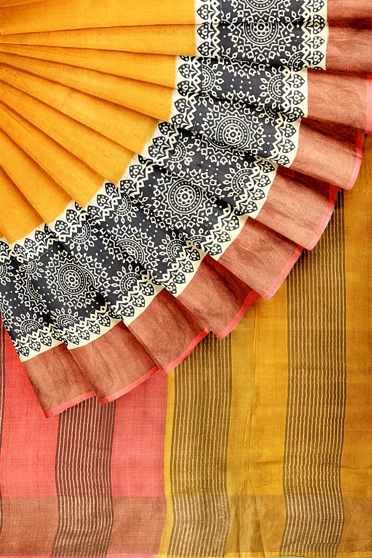 Mustard Hand Block Print Pure Kosa Silk Saree