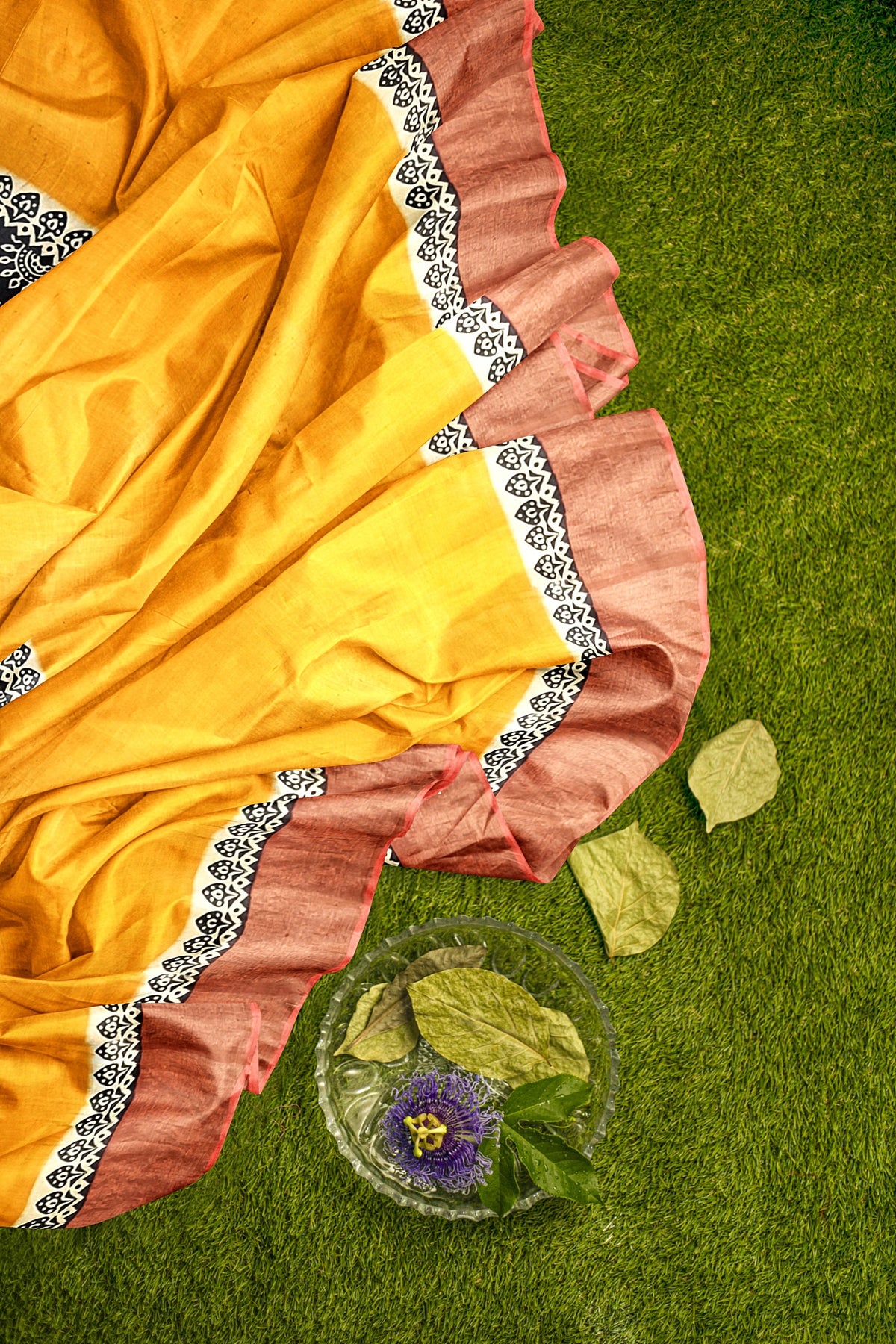 Mustard Hand Block Print Pure Kosa Silk Saree