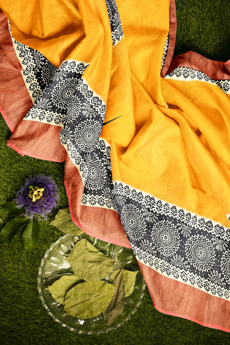 Mustard Hand Block Print Pure Kosa Silk Saree