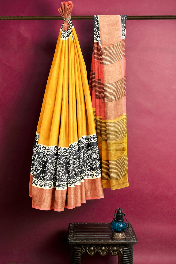 Mustard Hand Block Print Pure Kosa Silk Saree