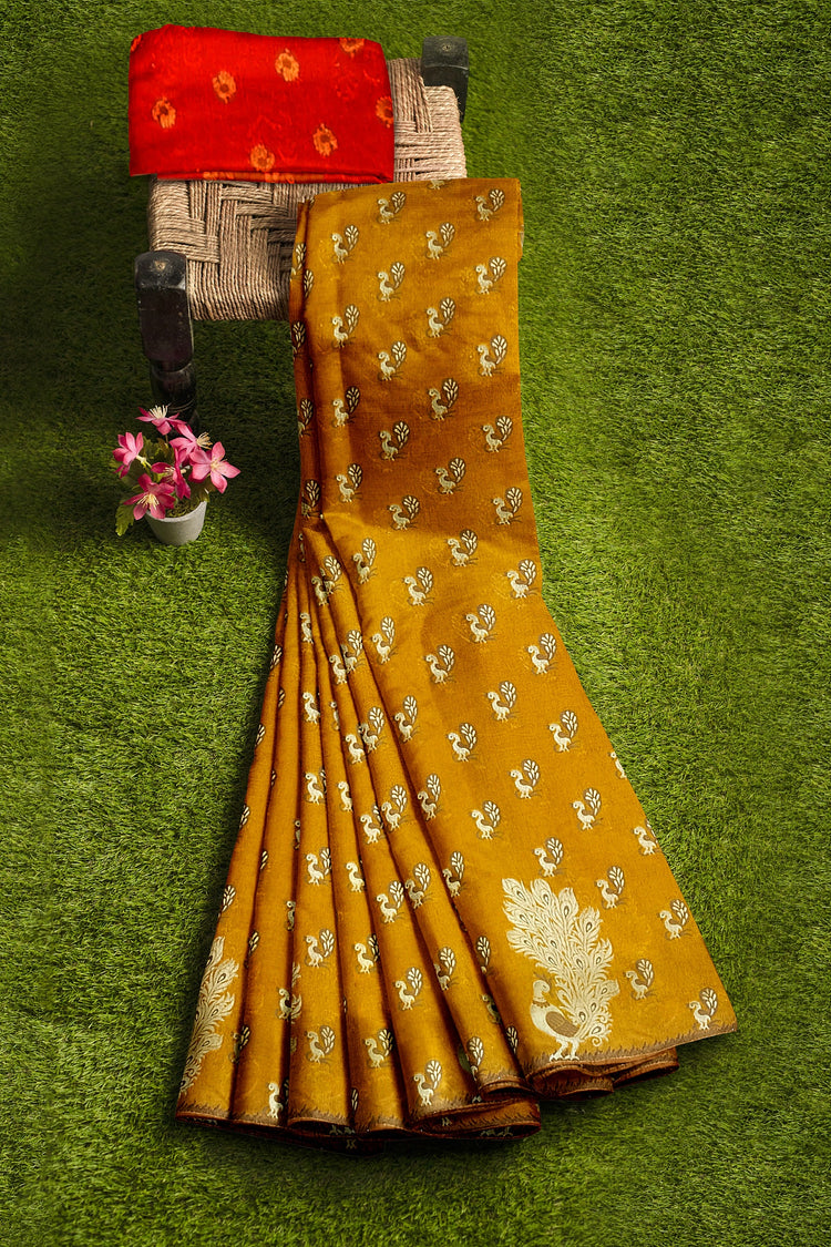 Mustard Red Peacock Silk Saree