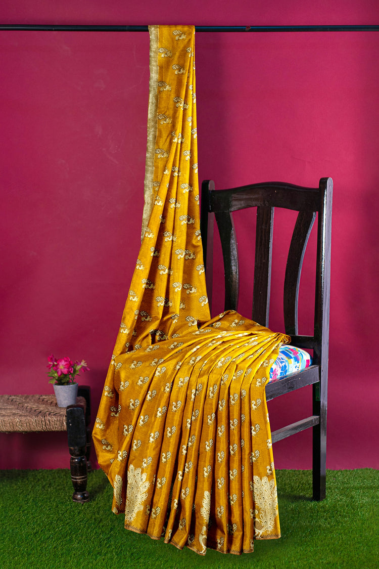 Mustard Red Peacock Silk Saree