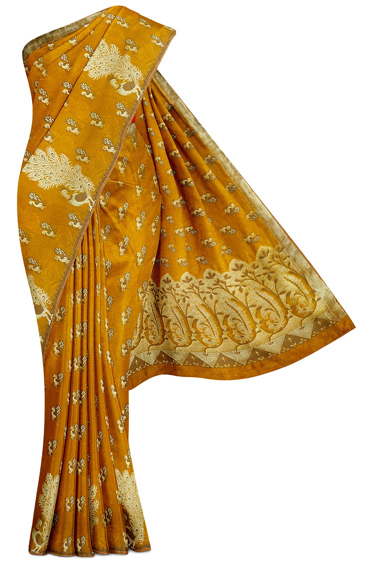 Mustard Red Peacock Silk Saree